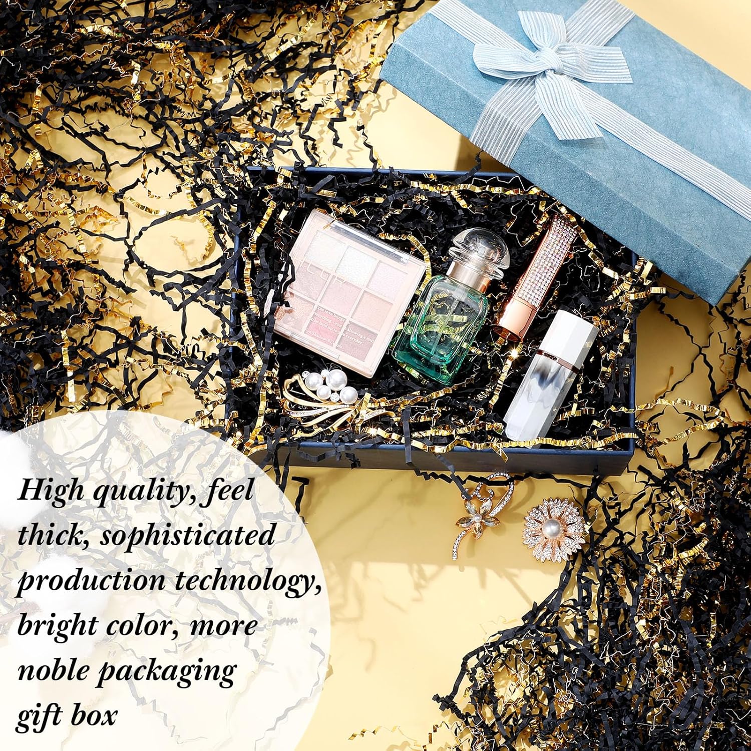 Outus 2 LB Black Gold Crinkle Cut Paper Shred Filler Metallic Shredded Papers Confetti Gift Boxes Basket Crinkle Paper Filler Packing Grass Cushion Shredded Tissue Stuffing Christmas Birthday Wrapping - Image 5