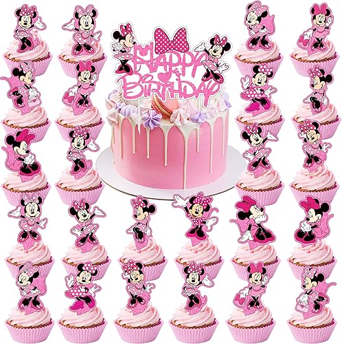 49 adornos de ratón rosa para tartas  1 decoración de pastel de feliz cumpleaños, 48 decoraciones para cupcakes para niños y niñas, cumpleaños, día