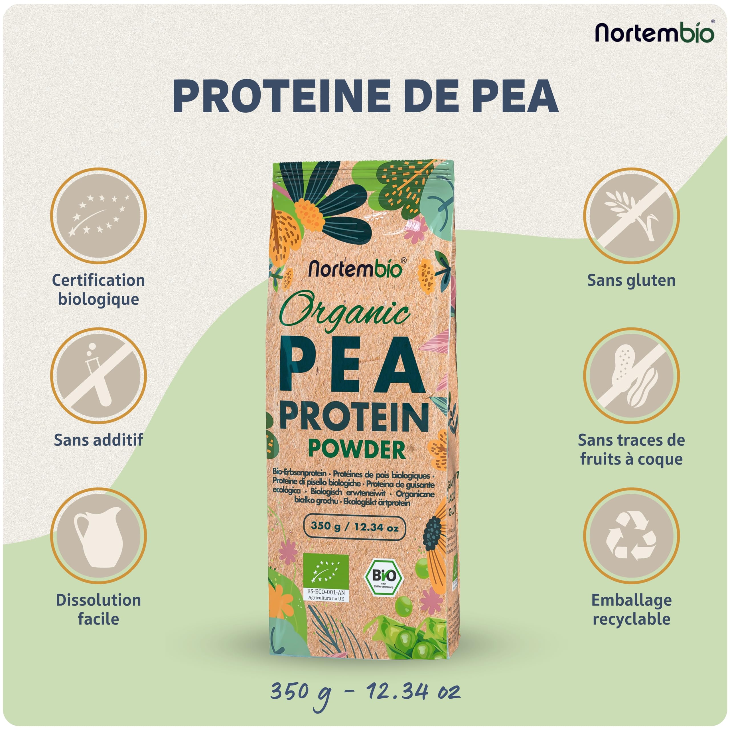 Nortembio Protéine de Pois ISO 700 g Biologique. Sans Saveur. Origine 100% Naturelle. Protéine de Pois Isolée pour Végétaliens. En Poudre. Sans Sucres, sans OGM, sans Gluten.