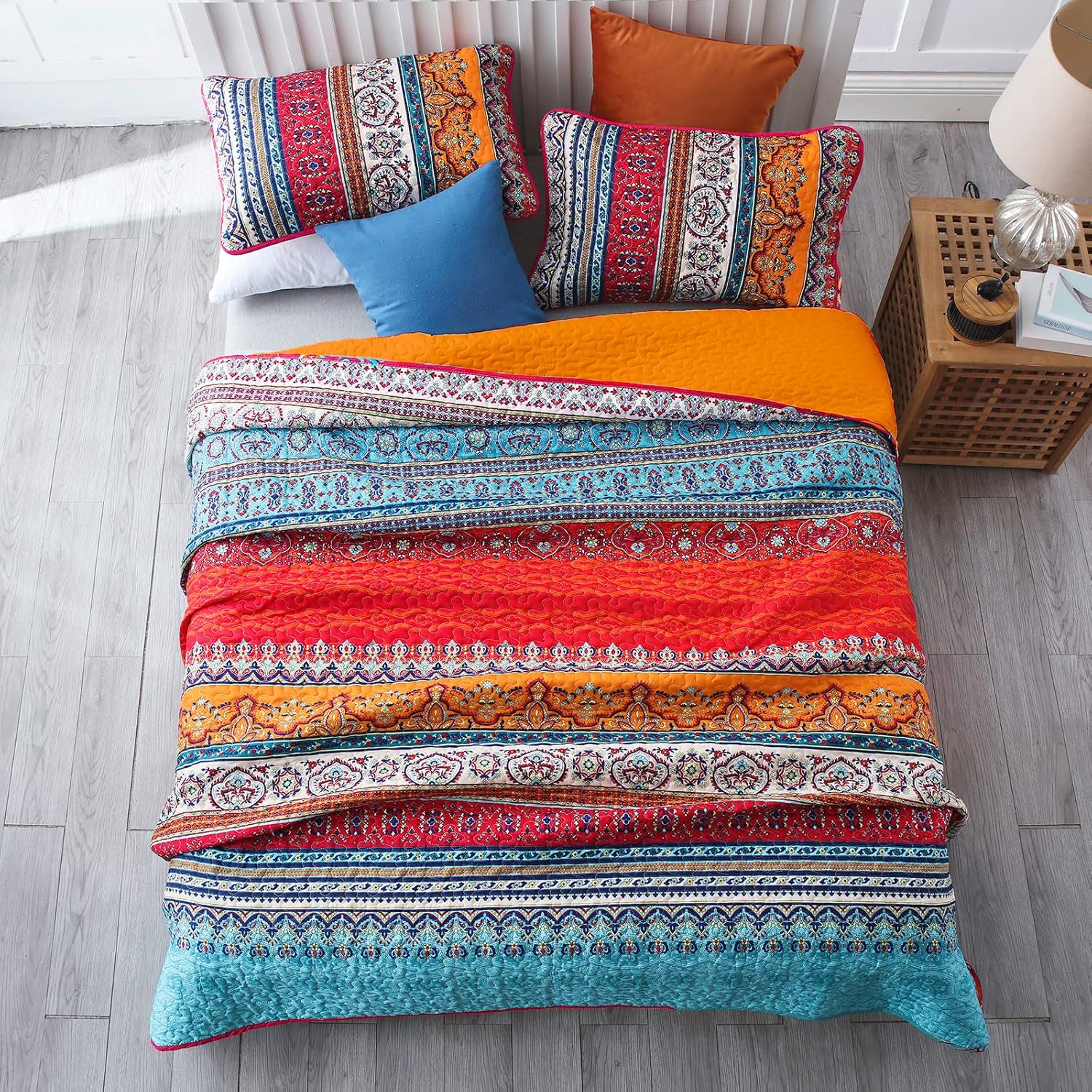 WONGS BEDDING Boho Quilt King Size, Orange and Blue Bohemian King Quilt, All Season Lightweight Bedspread for Bedroom Decro 103"x90"(3 Pieces) - Image 3
