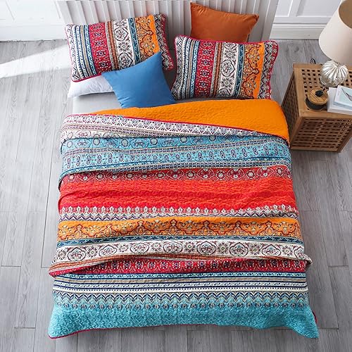 Vista 84 de WONGS BEDDING Juego de edredón bohemio tamaño Queen Aqua, juego de colcha de 3 piezas a rayas, de microfibra ligera y suave bohemia para todas