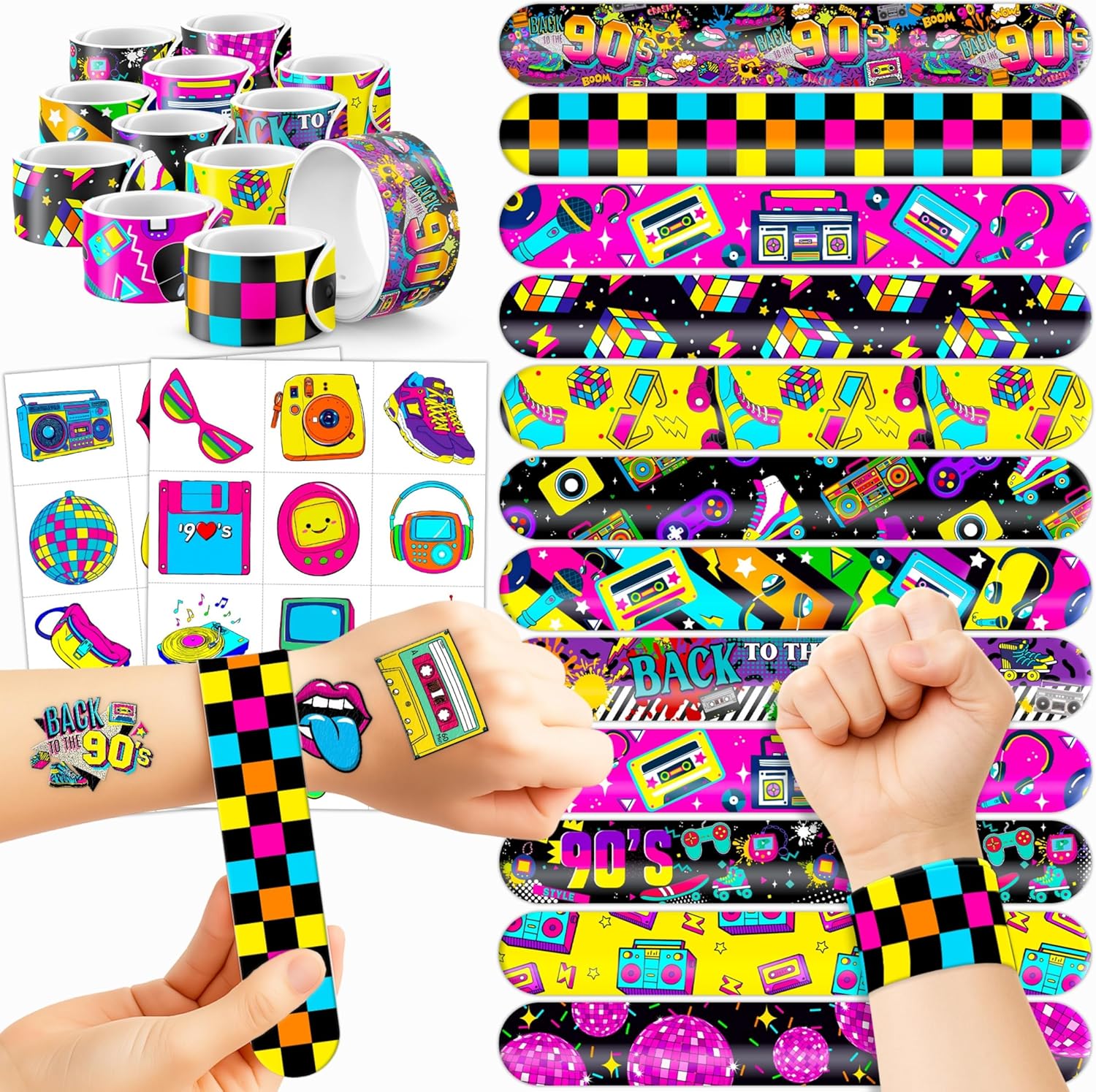 72PCS 90s & 80s Party Favors - 48PCS Pre-Cut Tattoos & 24PCS Slap Bracelets, Retro 90s Birthday Party Supplies Decorations, Ideal for Kids’ Classroom Prizes & Rewards for Boys & Girls