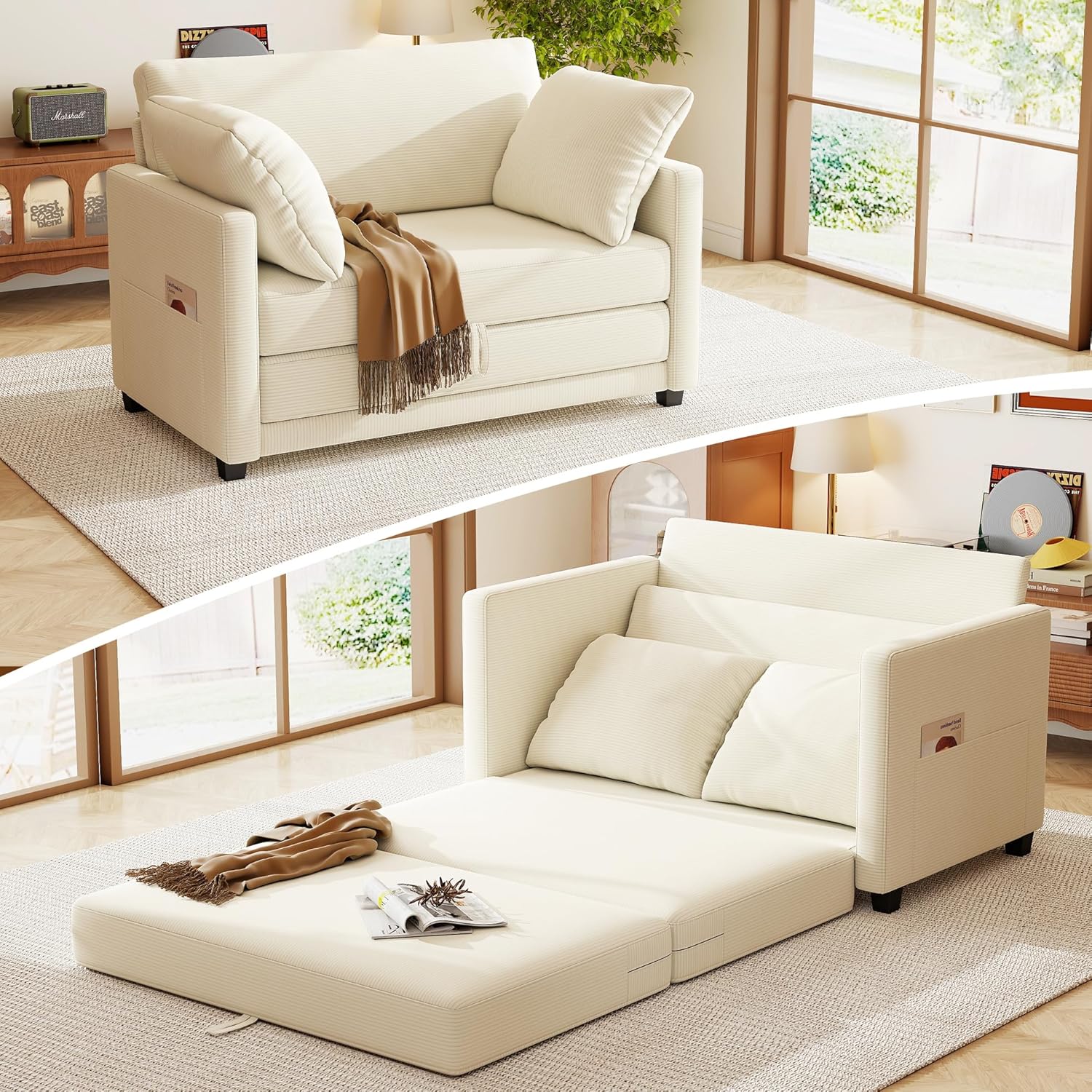 51" Loveseat Sleeper Sofa Bed, Corduroy Convertible Floor Sofa Bed for Small Spaces, Folding Couch Bed with Deep Seat, 2 Pillows & Solid Frame, Pull Out Floor Couch for Living Room, Beige