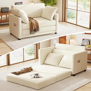 51" Loveseat Sleeper Sofa Bed, Corduroy Convertible Floor Sofa Bed for Small Spaces, Folding Couch Bed with Deep Seat, 2 Pillows & Solid Frame, Pull Out Floor Couch for Living Room, Beige