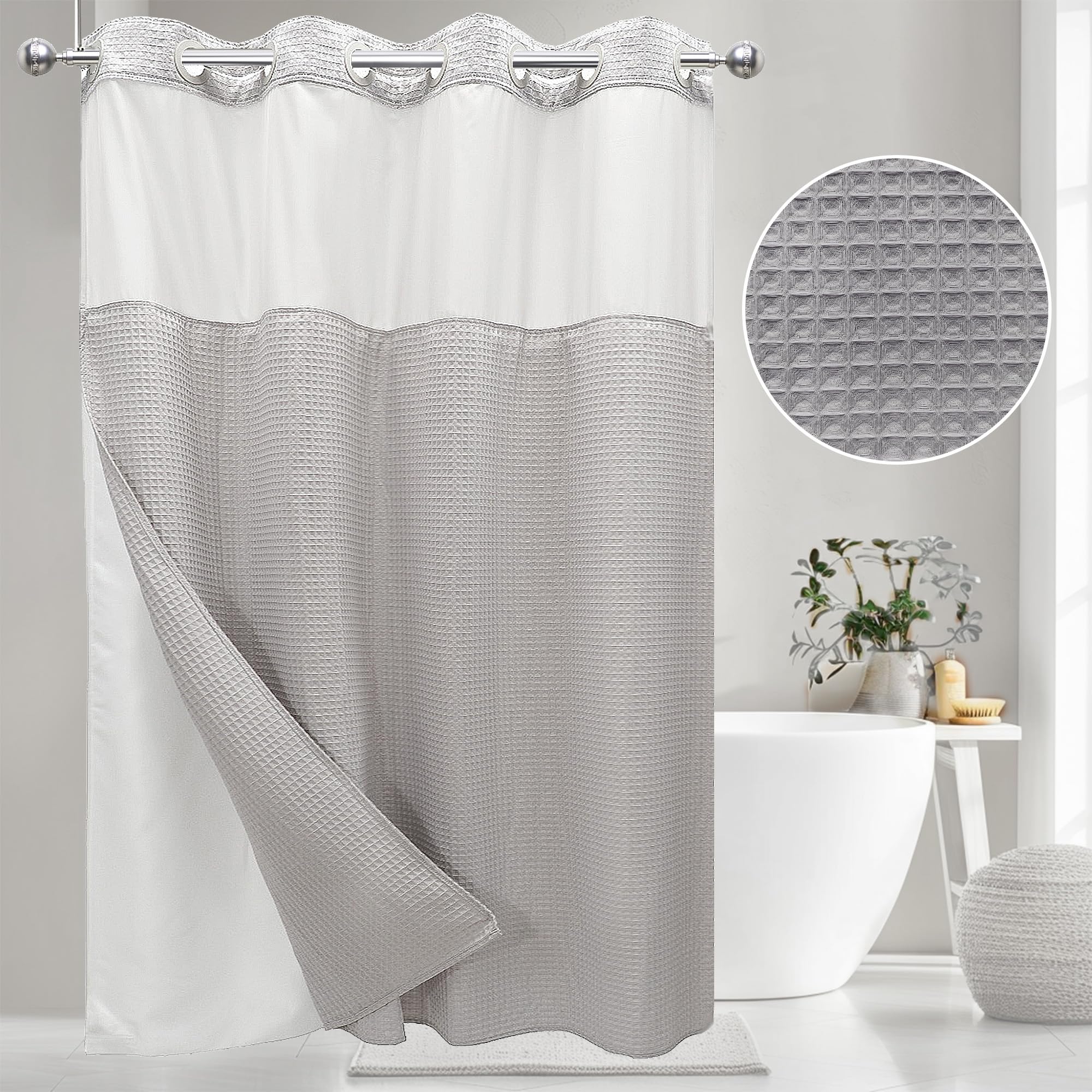 VIUOON No Hook Shower Curtain Set with Snap in Fabric Liner, 250GSM Waffle Weave Light Gray Hotel Grade Bath Shower Curtain - See Through Top Window,