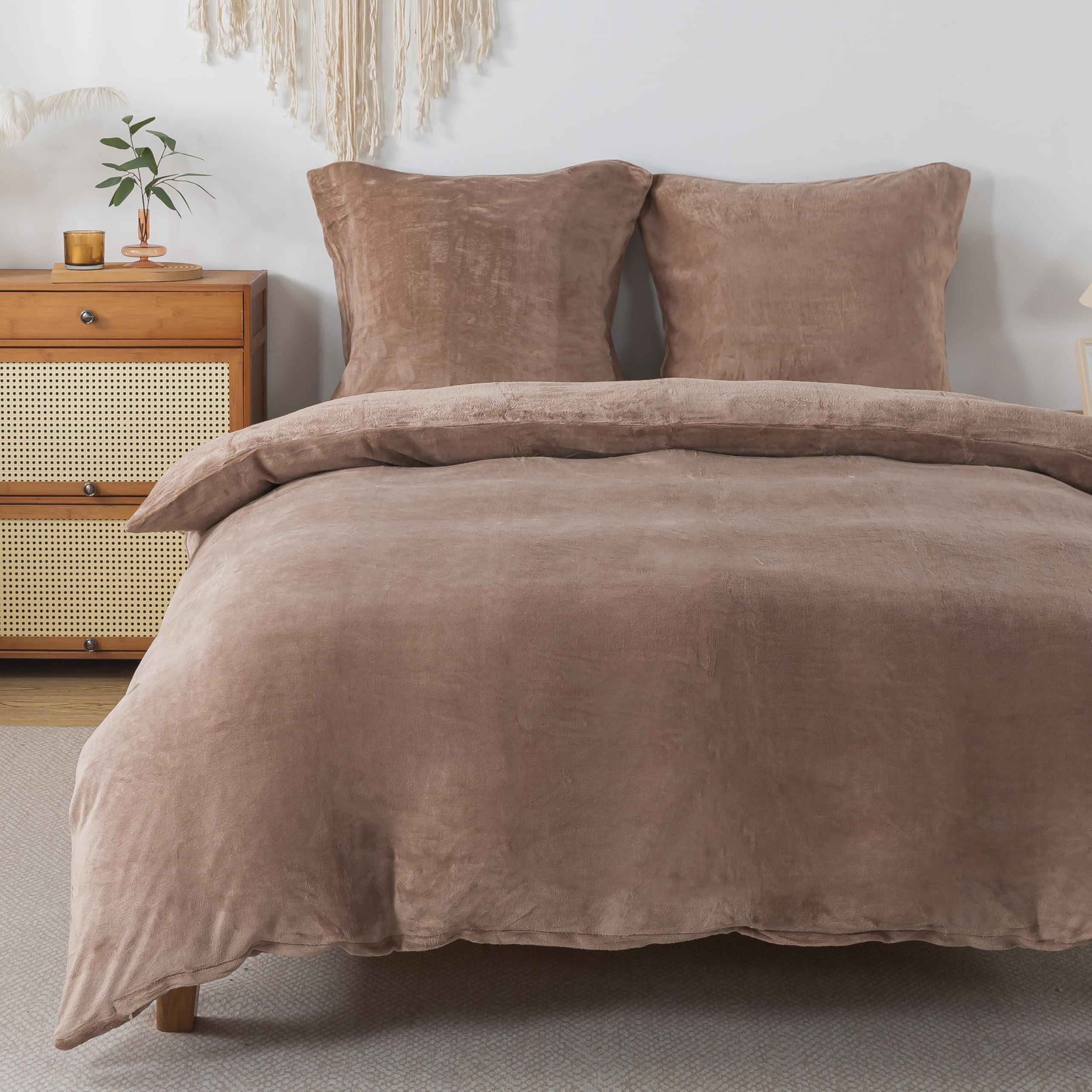 Plüsch Bettwäsche 200x200 cm Kaffeebraun 3tlg Set, Winter Biber Warm Flauschig Bettbezug und 2 Kissenbezüge 80x80cm, Kuschelig Weich Cashmere Touch Flanell Bettdeckenbezug Bettdecke Cover