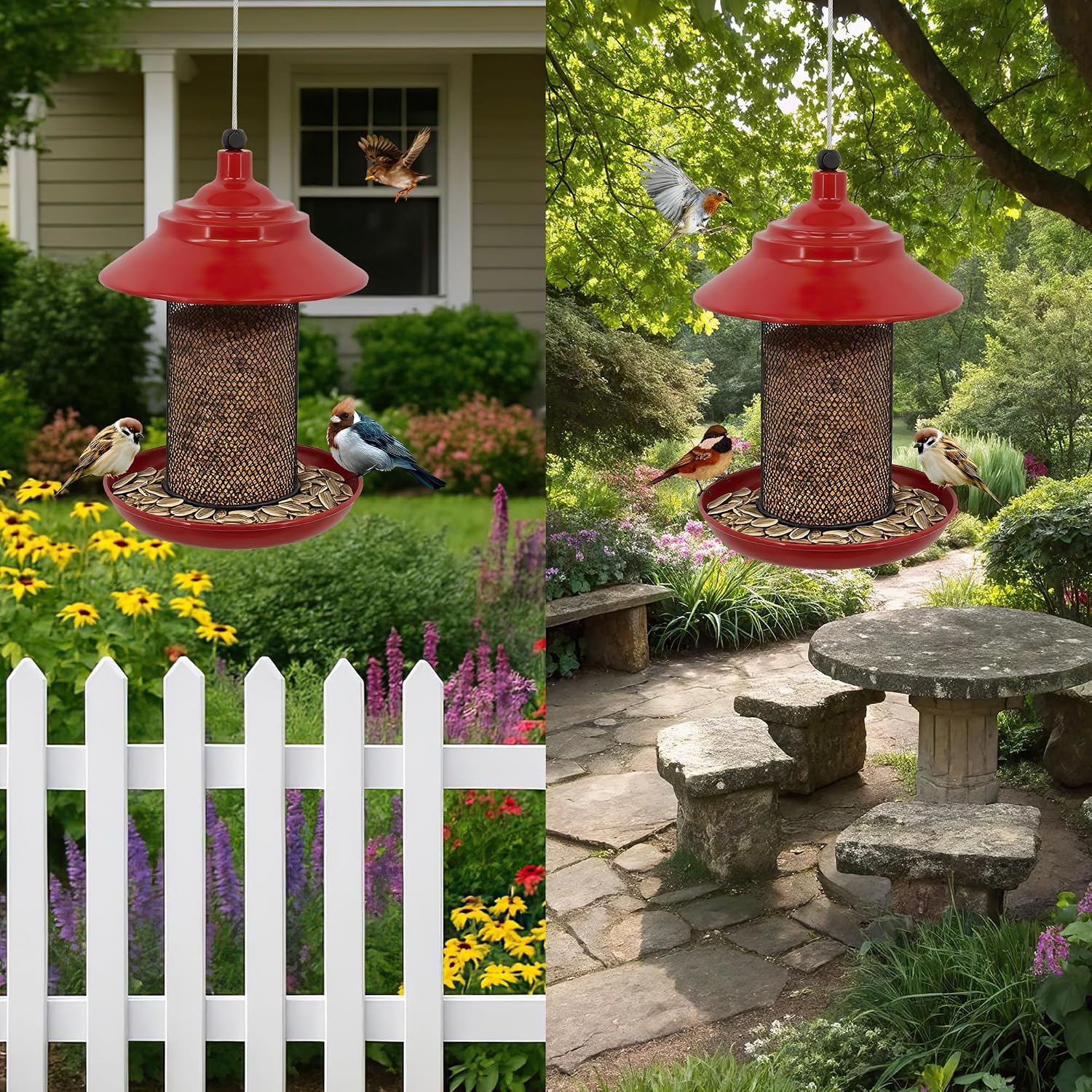 Metal Roof Bird Feeder - Chew Proof for Outdoor Hanging Wild Bird Seeds. red, Outside Wild Watching for Garden, Yard, Elderly Kids Viewing.