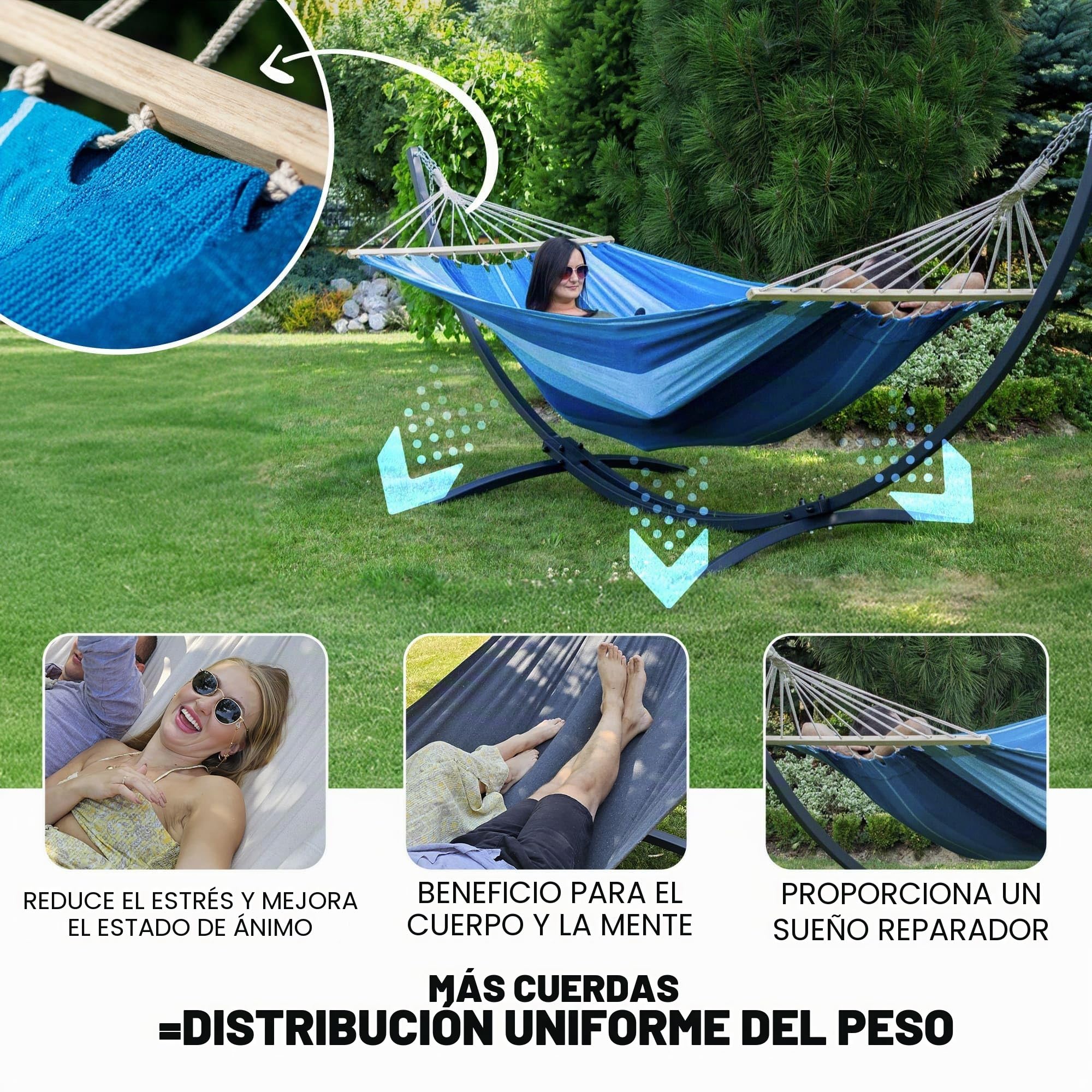 Potenza Hamaca con Soporte Incluido en Jardin, de Tela Multicolor, para 2 Personas Doble I Grande Soporte Capacidad de 220 Kg I Hamaca con Barra 220x160 cm (Negro, Básico Soporte Grafito)
