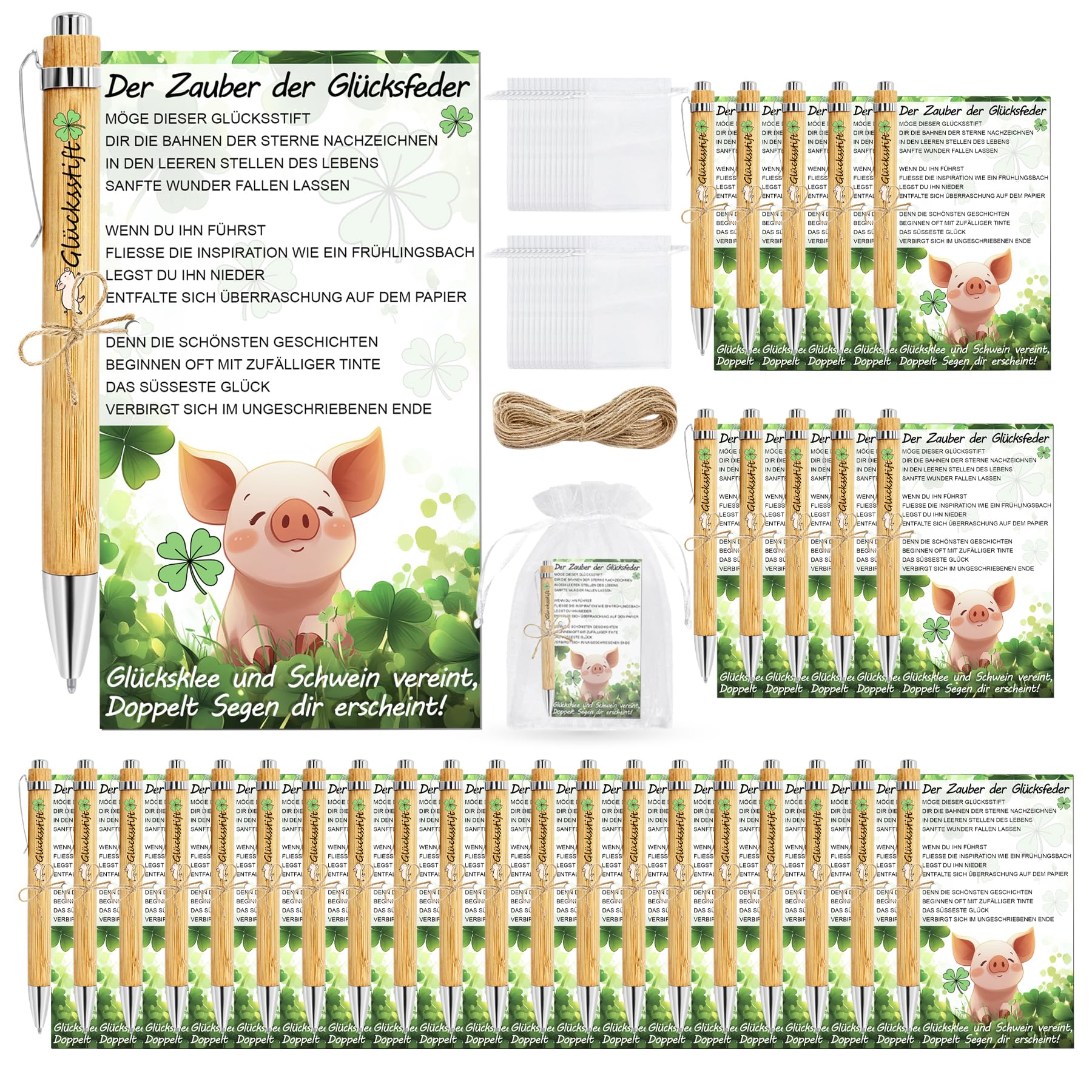 TZEKING 30 Sets Glücksstift Kugelschreiber Holz, Gastgeschenke Hochzeit Holz mit Karte Organza-Beutel, Abschiedsgeschenk für Kollegen Erzieherin Lehrer, Dankeschön Geschenke Kommunion Taufe Geburtstag