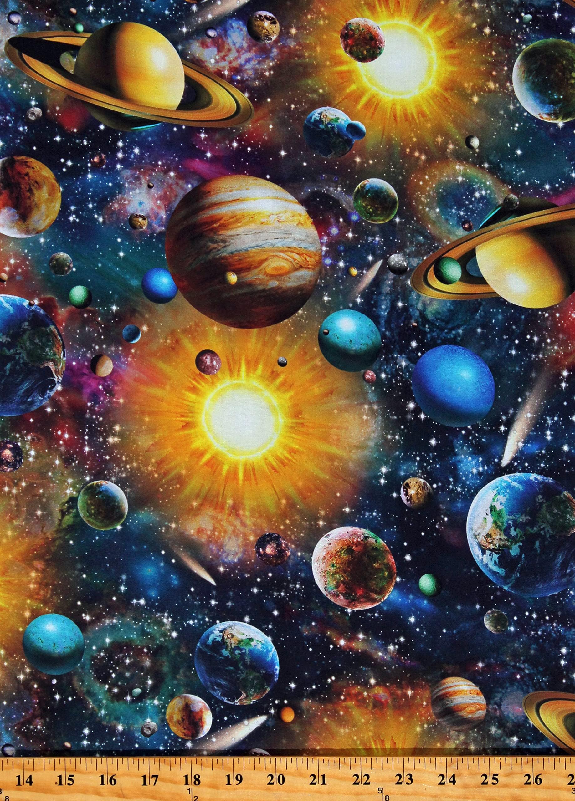 Cotton Space Universe Planets Solar Systems Stars Suns Earth World Sky Skies Navy Blue Cotton Fabric Print by The Yard (D768.71)