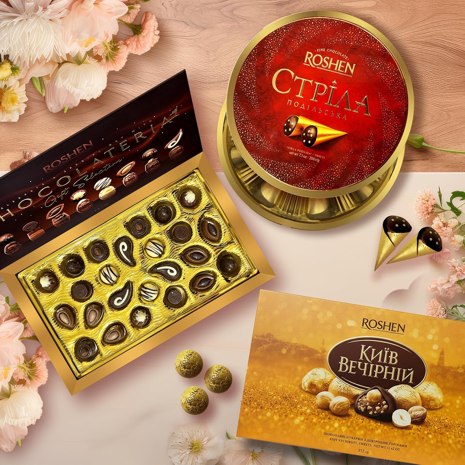 Roshen Chocolate Gift Boxes Bundle, Kyiv Vechirnii 12.4 oz, Chocolateria 6.8 oz & Strila Podilska 7.3 oz, Assorted Gourmet Dark Chocolates, Elegant European Candy Gift Set of 3 for Birthday & Holidays