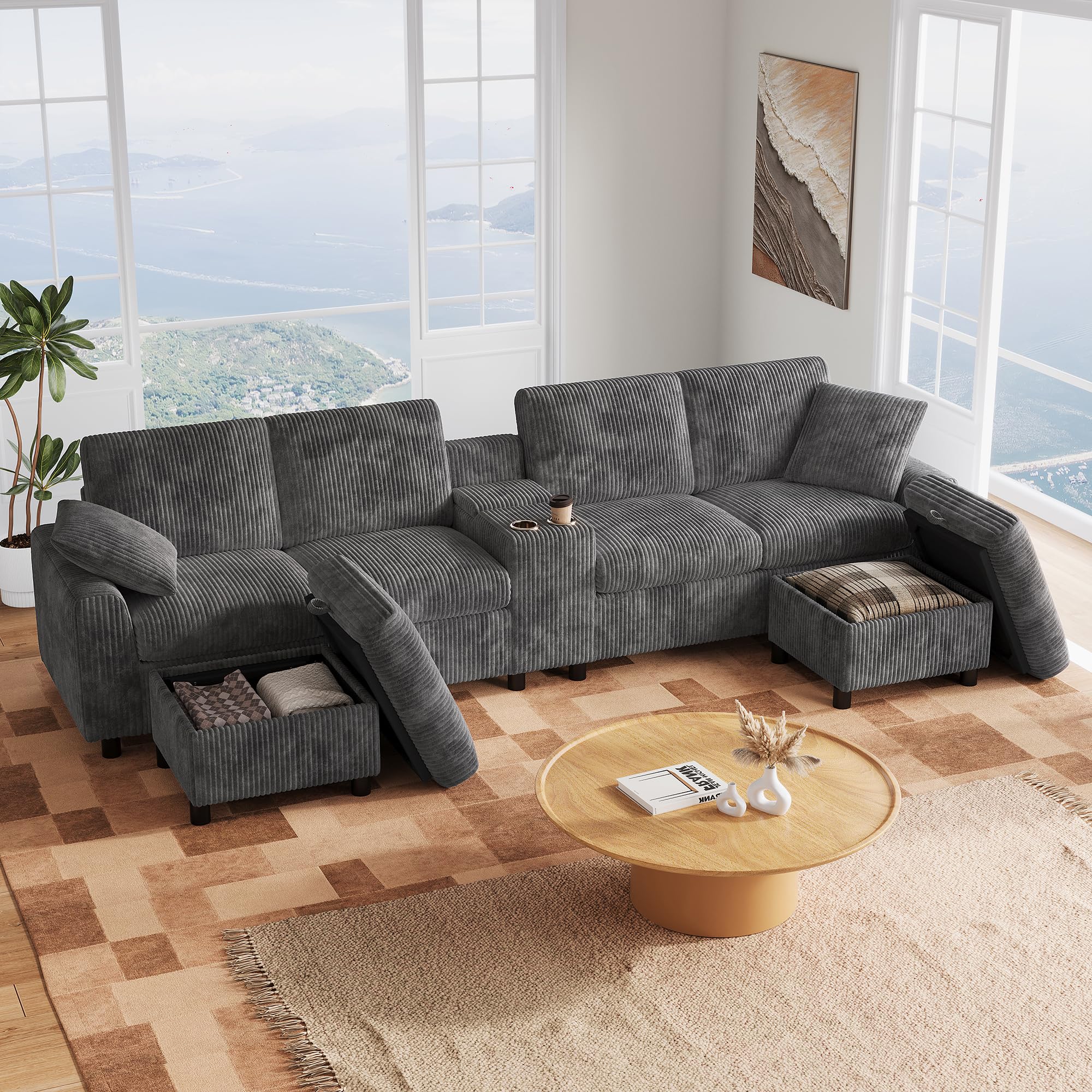 LAKFEW Sofa de 4 Plazas en U con USB C y 2 Reposapiés de Almacenaje, Sofas de Salon 4 Plazas con 2 Portavasos y 2 Cojines, Sofa Modular Rinconera, Couch, Pana, 315x135x81 cm, Gris