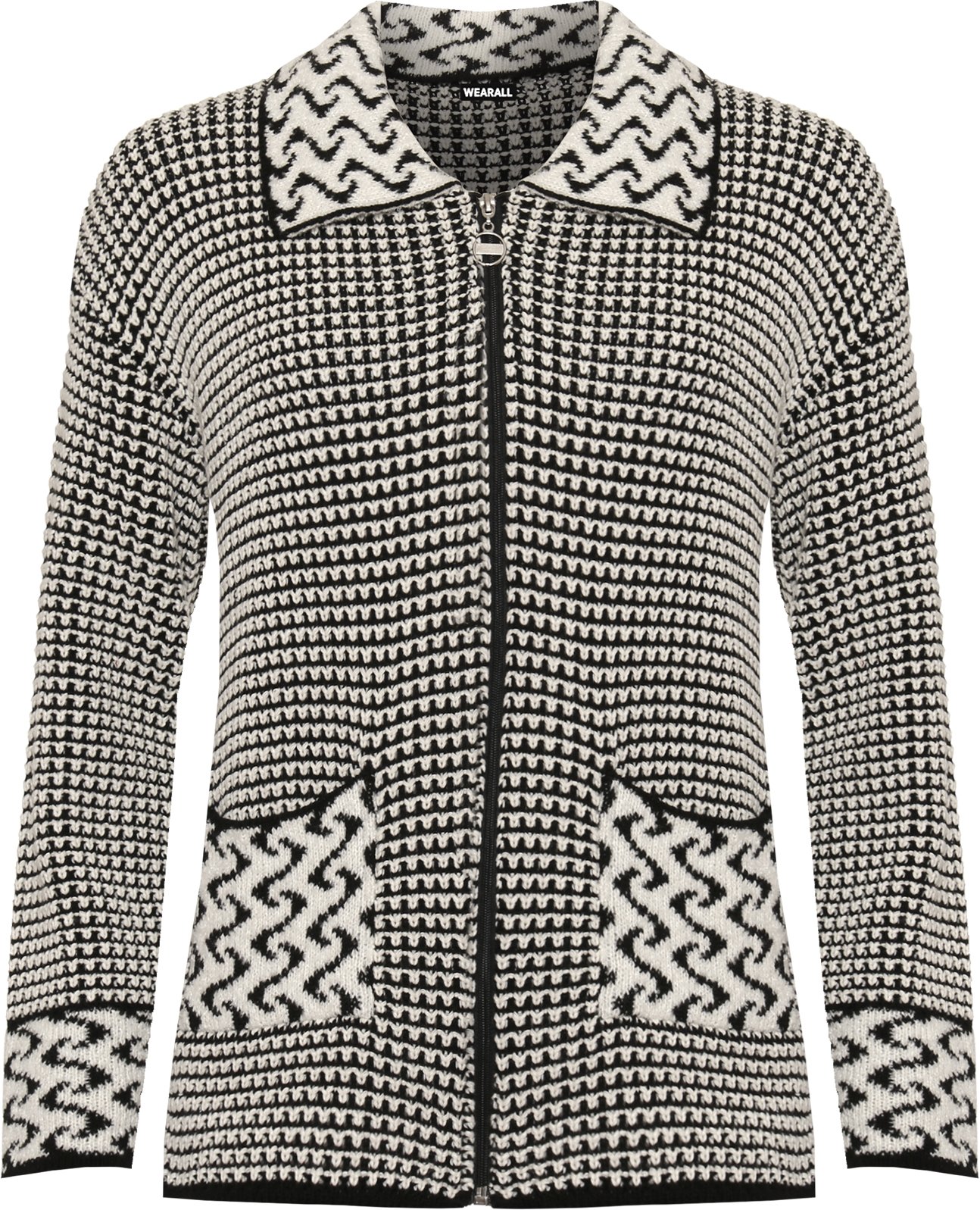 WearAll Women's Plus Womens Long Sleeve Knitted Cardigan Ladies Zip Pocket Leopard Collar Jumper Jacket - Black White - 20-22