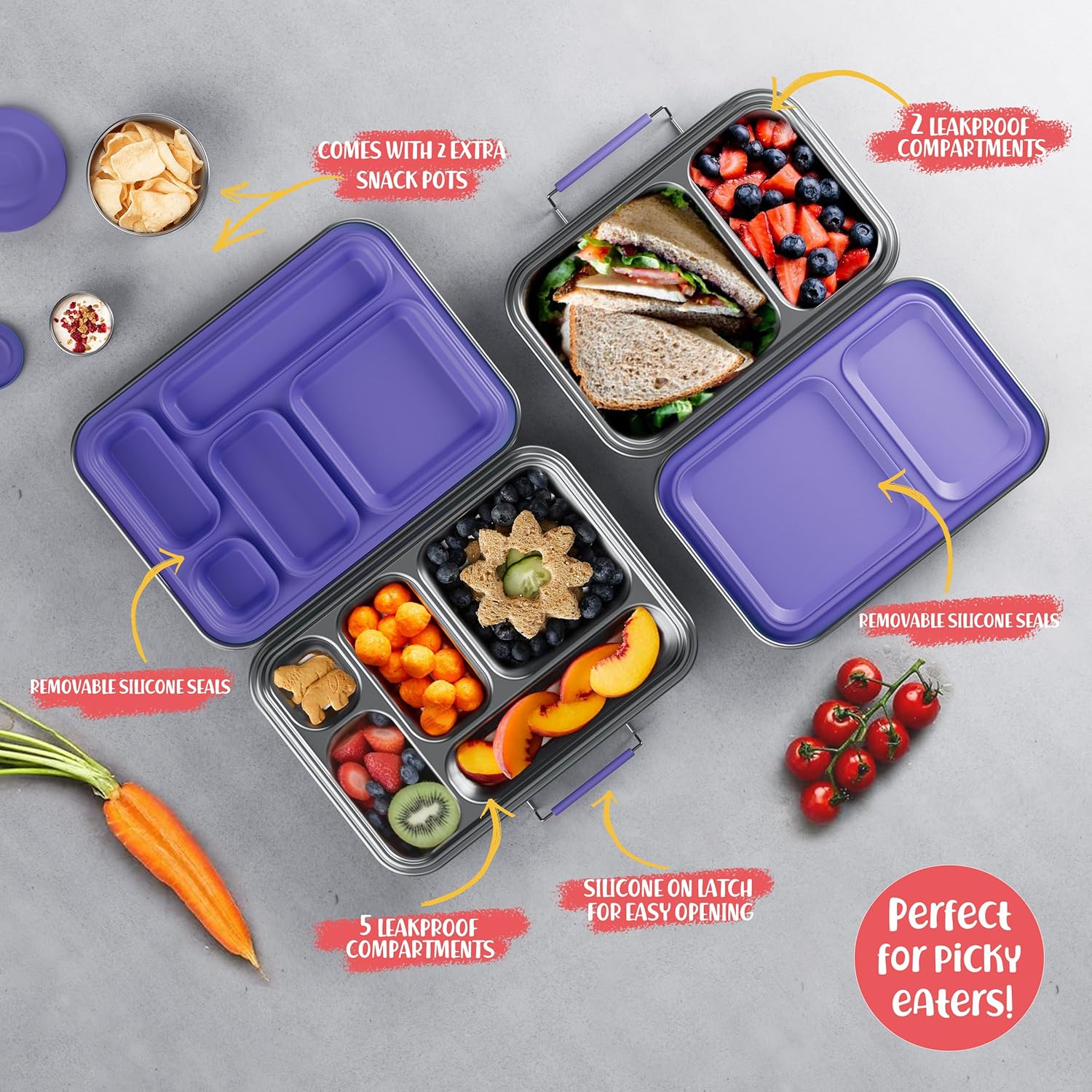 Stainless Steel Bento Box Kids, Kids Metal Bento Lunch Box BPA Free Lunch Box Containers 304 Stainless Steel Bento Box for School and Office(Purple) - Image 6