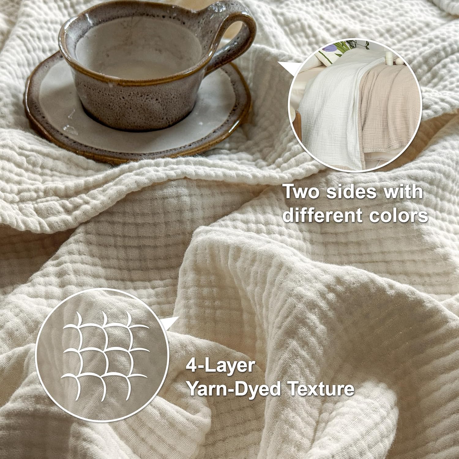 Simple&Opulence 100% Cotton Muslin Blanket Twin Size, Lightweight Breathable 4 Layering Gauze Blanket for Bed Couch Camping, Soft Bedspread Coverlet All-Season Use (Beige, 68"x86") - Image 4