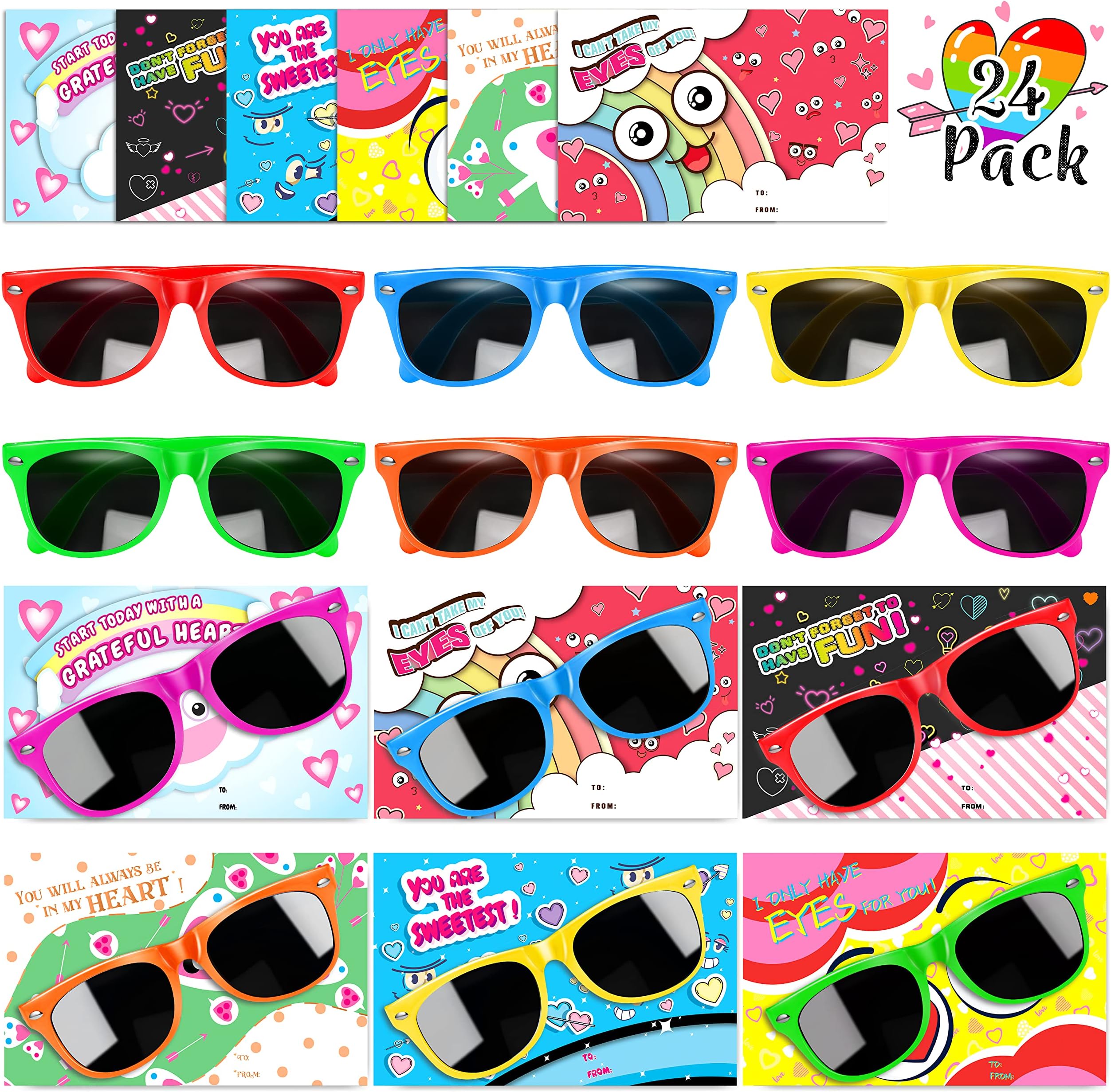 GINMICValentines Gifts Cards with Kids Sunglasses, 48 Pack Valentine Party Favors Set with Neon Sunglasses for Kids, Valentine’s Day Exchange Gift with Cards, Classroom Prizes Party Supplies for Kids