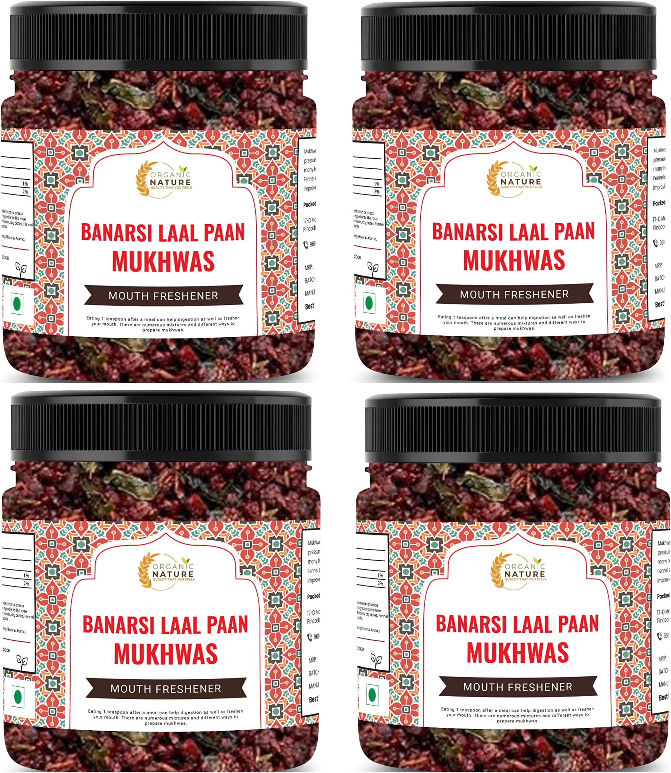 Organic Nature Banarasi Laal Paan Mukhwas [Mouth Freshener, Digestive, After-Meal Snack] [Jar Pack] (1200 Grams (Pack of 4 of 300 Grams))