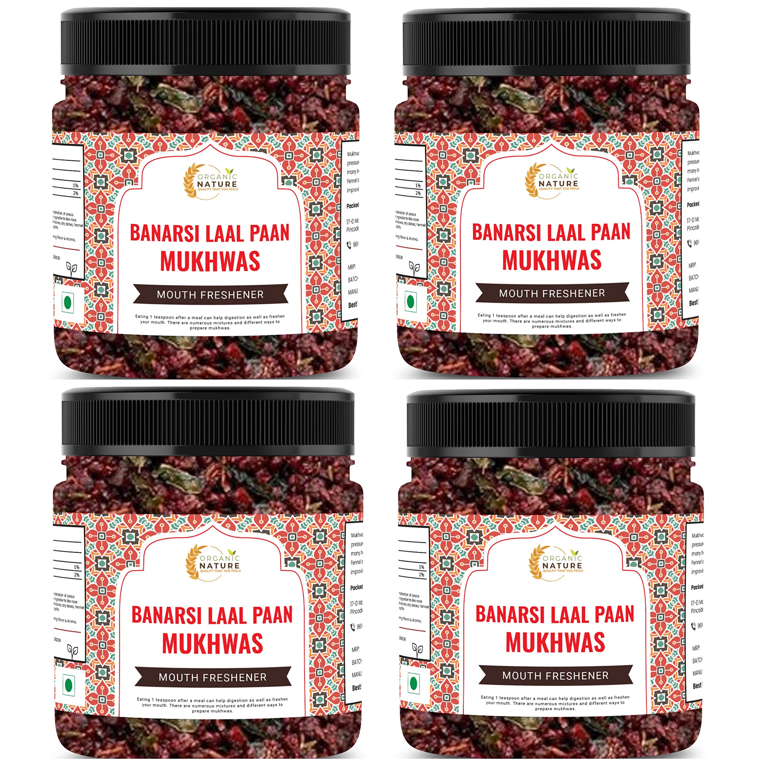 Organic Nature Banarasi Laal Paan Mukhwas [Mouth Freshener, Digestive, After-Meal Snack] [Jar Pack] (1200 Grams (Pack of 4 of 300 Grams))