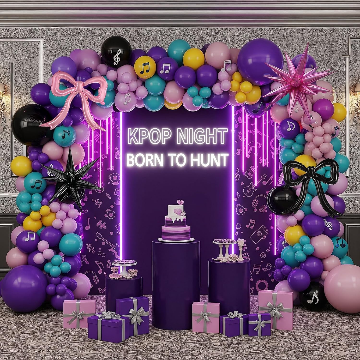 Purple pink Balloon Arch Garland Kit with Bow Star mylar balloons for kpop music hunter Birthday Decorations Y2K Concert Movies Tv fans Party Supplies