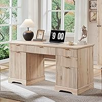 Vista 3 de JXQTLINGMU 58" Modern Executive Desk with Storage, Wood Home Office Desk with 5 Drawers & 1 Cabinet, Fluted Computer Writing Desk for Study, Living
