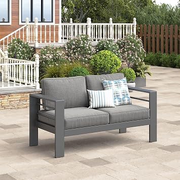 Wisteria Lane Patio Furniture Metal Loveseat, Metal Outdoor Chairs with Upgraded Cushions, All-Weather Outdoor 2 Seats Sofa Couch for Balcony, Garden, Deck, Backyard, Grey