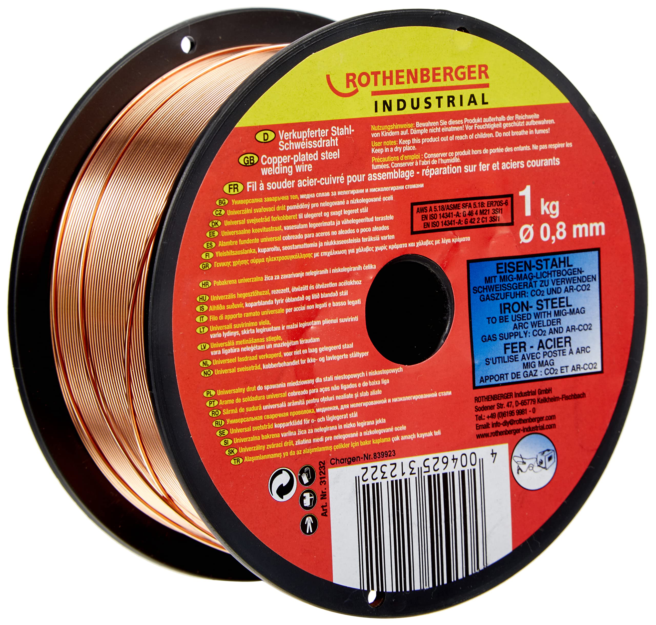 Rothenberger Industrial Copper-Plated Steel Welding Wire, Diameter 0.8 mm, 1 kg Spool, 31232