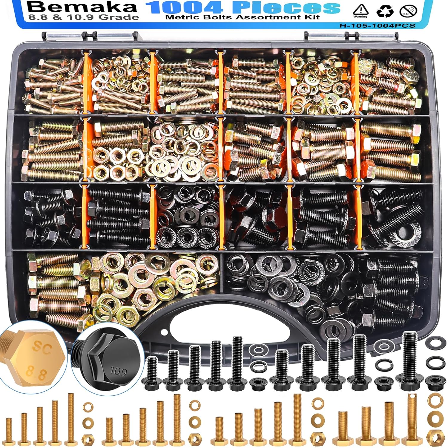 1004Pcs Metric Bolts and Nuts Assortment Kit - Grade 8.8 M4 M5 M6 M8 Bolts and Nuts Kit & 10.9 Grade M6x1.0, M8x1.25, M10x1.5 Flange Bolt Assortment, Hex Bolts, Nuts and Washers Kit (12-30mm)