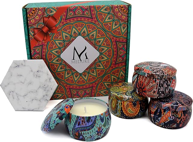 Meduke® Scented Candles Gift Set - Plus Coaster | 4 x 155 Grams Original Premium Soy Wax - Pefect Gift for Women or Any Occasion | Lavender, Rose, Jasmine, Spring