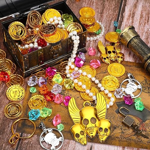 Miniatura 6 de Enhon Caja de juguetes de cofre del tesoro pirata de 147 piezas con cerradura y 1 mapa del tesoro, 100 gemas coloridas, 40 monedas de pirata, 4