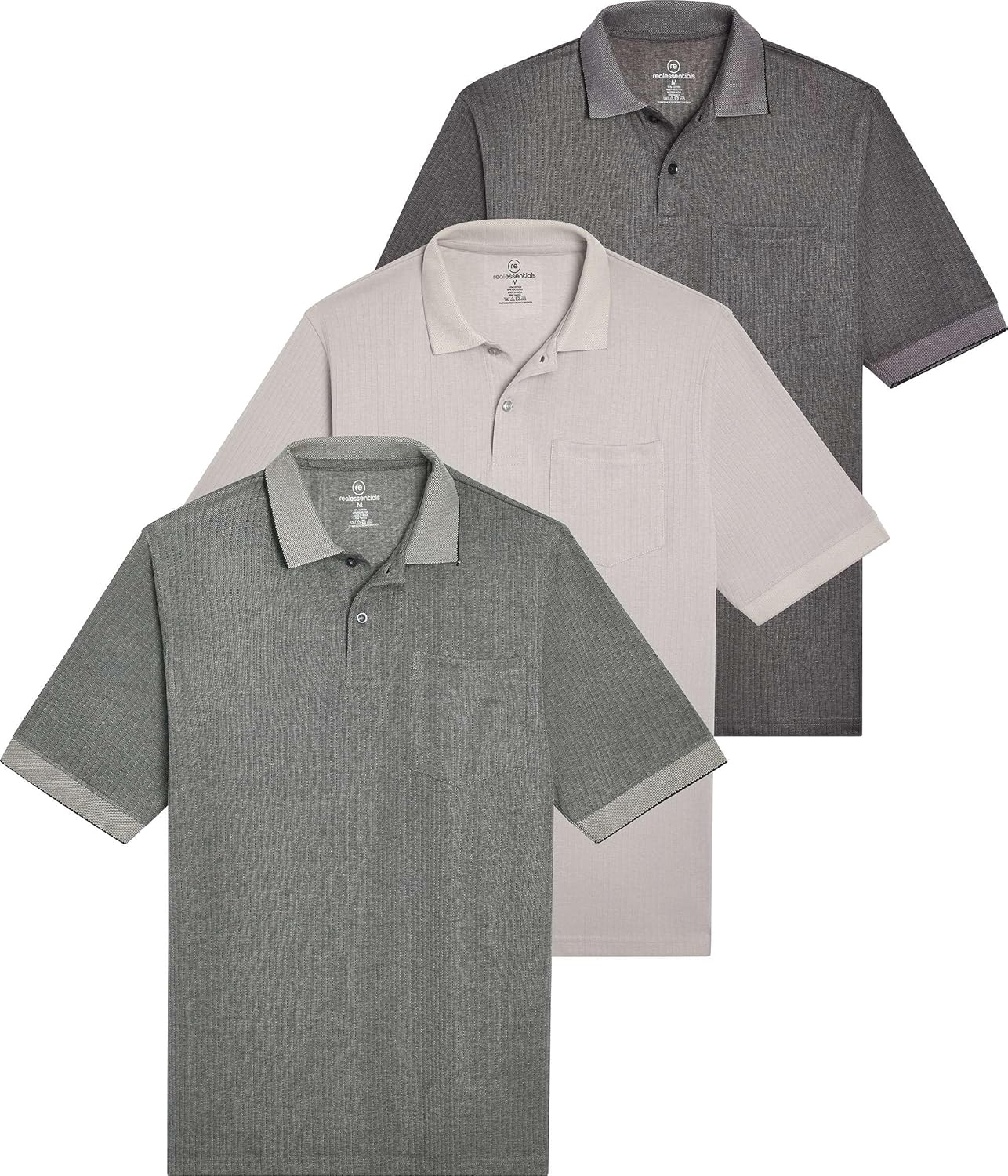 Real Essentials 3 Pack: Men's Regular-Fit Ribbed Polo Shirt with Pocket (Available in Big & Tall)