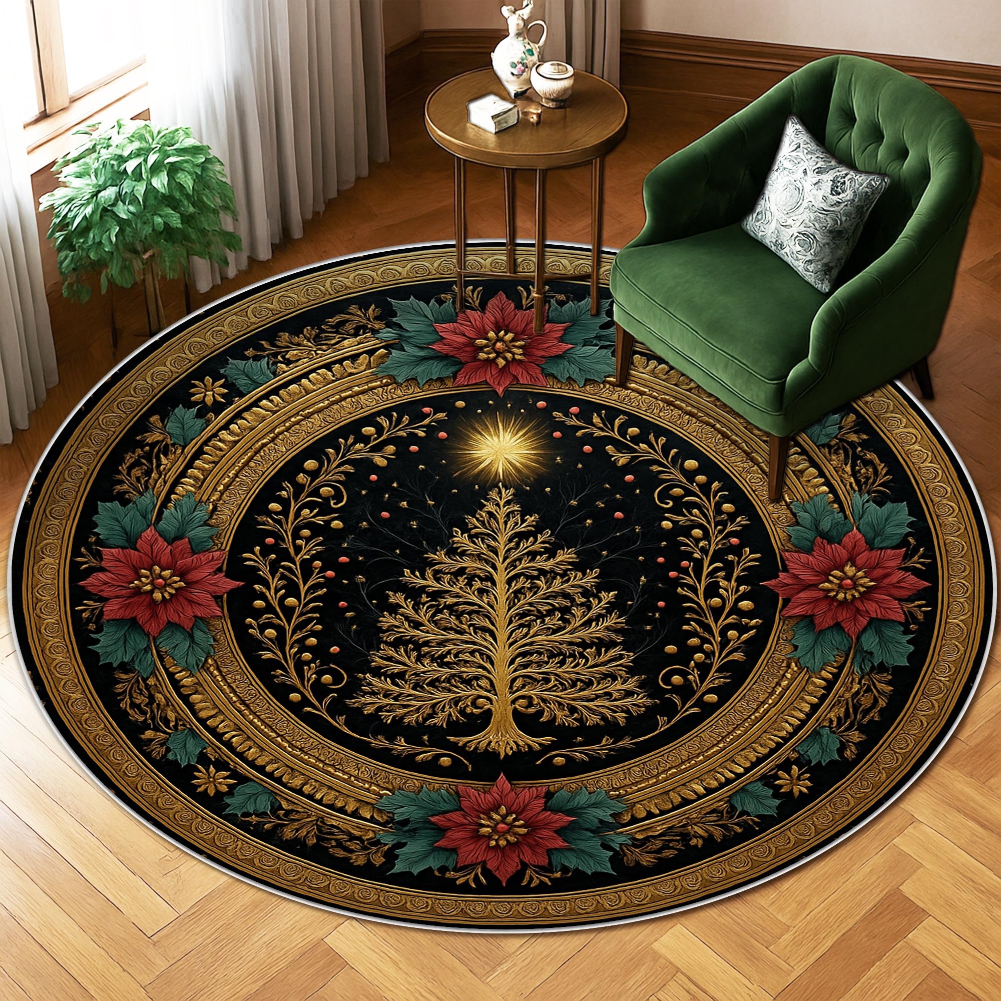 Tapis d'arbre de Noël haut de gamme motif poinsettia doré