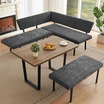 HIPIHOM 3-Piece Corner Dining Table Set with Bench, 67 Inch Space-Saving Breakfast Nook for Kitchen & Dining Room Walnut Table & Grey Bench