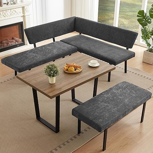 3-Piece Corner Dining Table Set with Bench, 67 Inch Space-Saving Breakfast Nook for Kitchen & Dining Room (Walnut Table & Grey Bench)