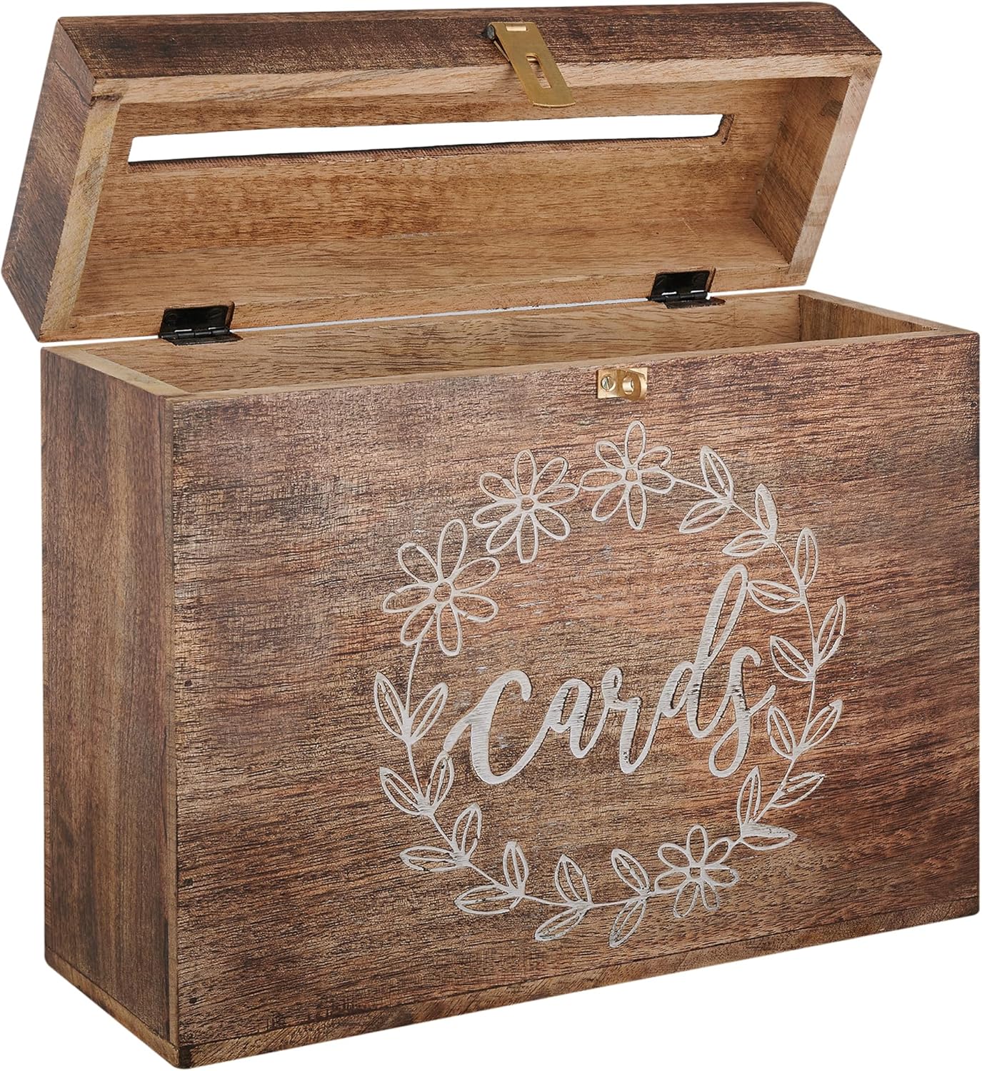 Wedding Card Box with Card Slit and Lock 12"X10"X4.5"- Gift Wishing Well Card Box for Weddings, Receptions, Birthdays, Graduations, Baby Showers, Honeymoon Funds FLWR (BURNT WOOD)