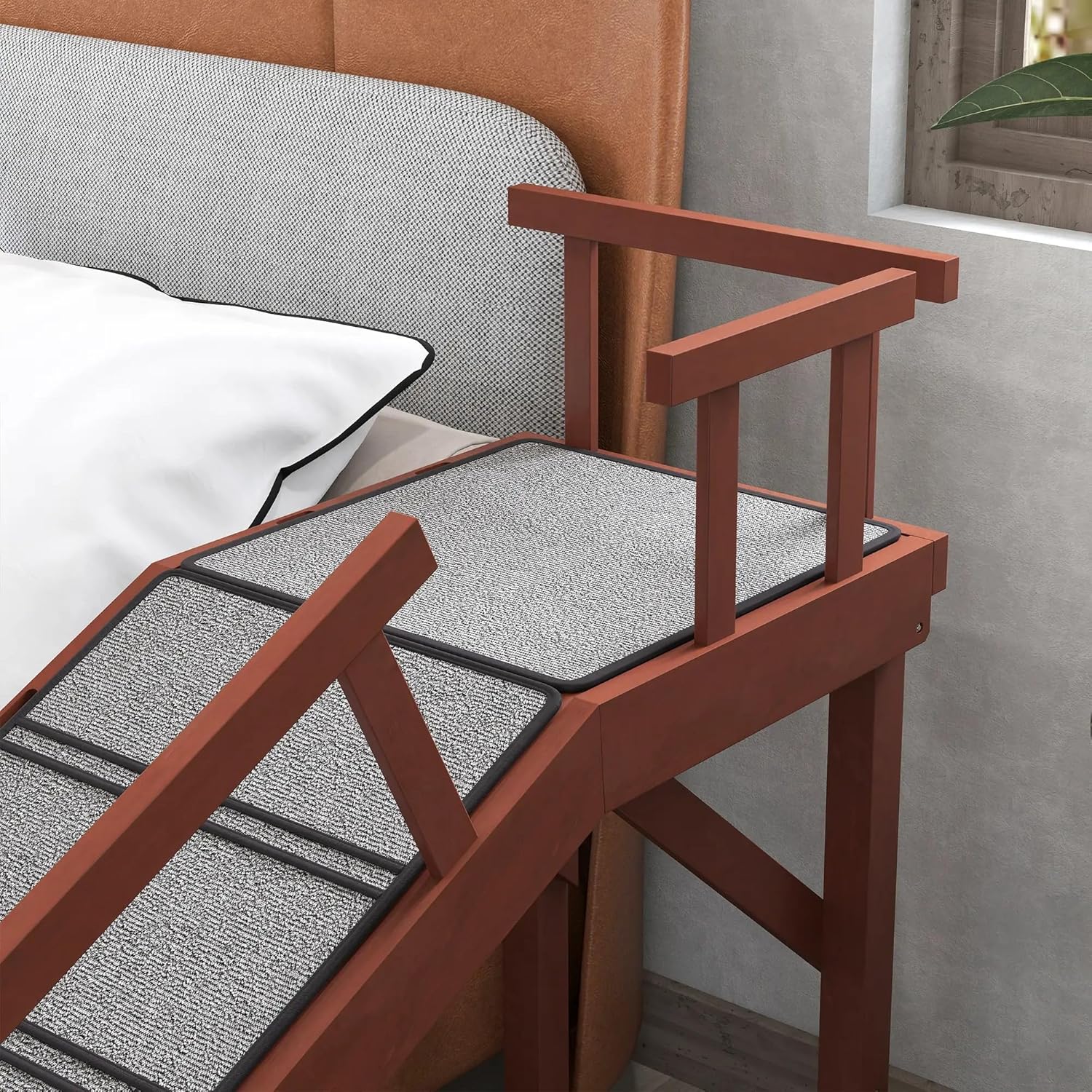 Dog Ramp for Bed - 59.8" x 15.7" x 27.8", Non-Slip Carpet, Safety Removable Rails &Landing Platform, 20°Ramp Slope, Solid Wood Pet Ramp for Large/Senior Dogs to Get on Bed-Brown