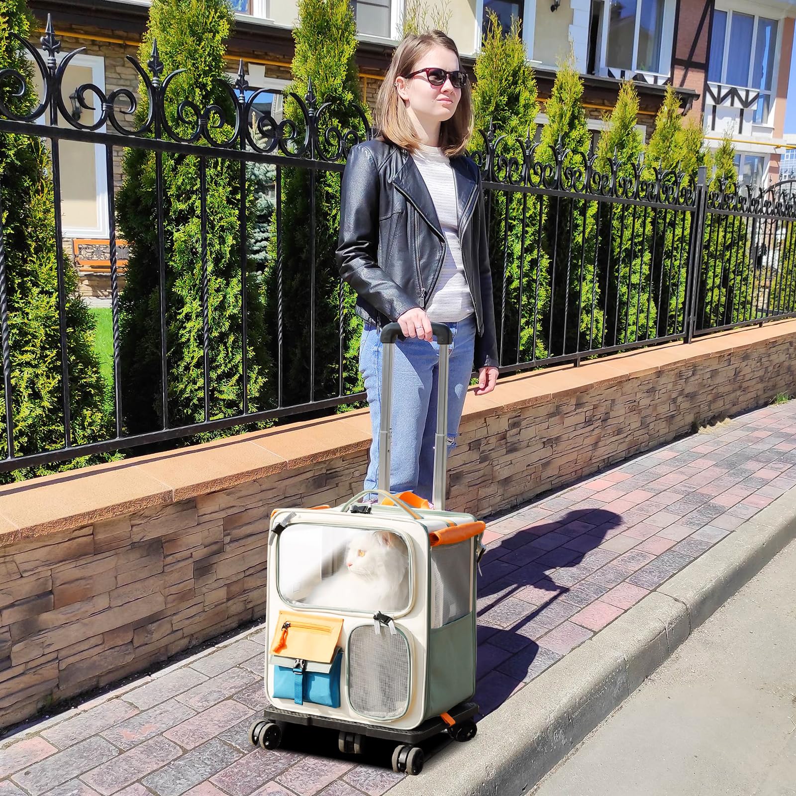 PETCUTE Trasportino Zaino per Gatti con Ruote,Zaino Pieghevole per Cani con Tappetino Rimovibile,Traspirante Trasportino da Viaggio per Animali Domestici,Tasche Frontali,Fino a 33 libbre