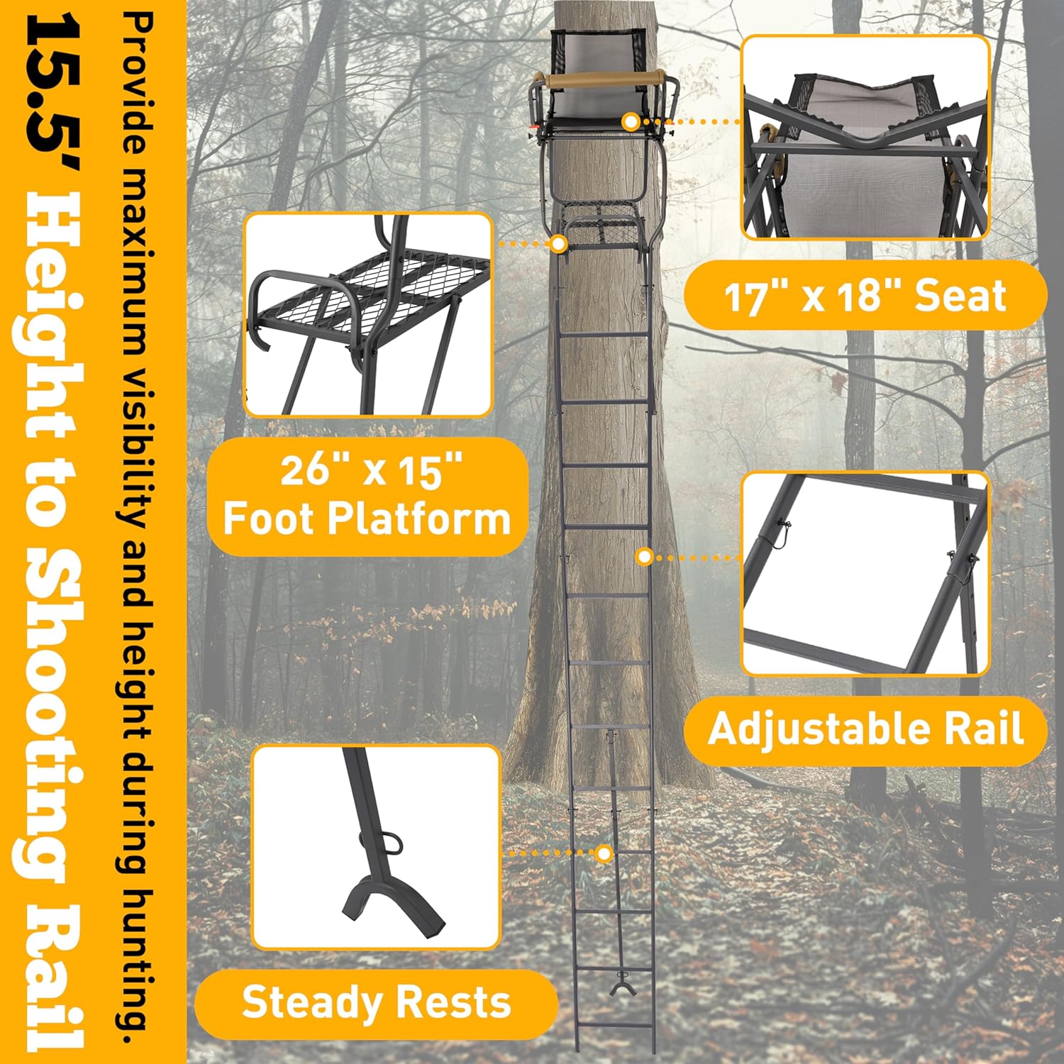 HECASA Ladder Tree Stand with Mesh Seat, 15.5' Climbing Equipment Accessories for Deer Hunting, Adjustable Shooting Rail, 300 LBS