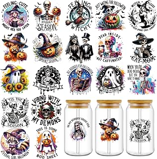 Funny Halloween UV DTF Cup Wraps, 20 Pcs Gothic Skull UV DTF Cup Wrap for 16 OZ, Skeleton Witch Spooky UVDTF Sticker Decals for Glass Cups Tumblers, Waterproof Rub on Transfers for Crafts