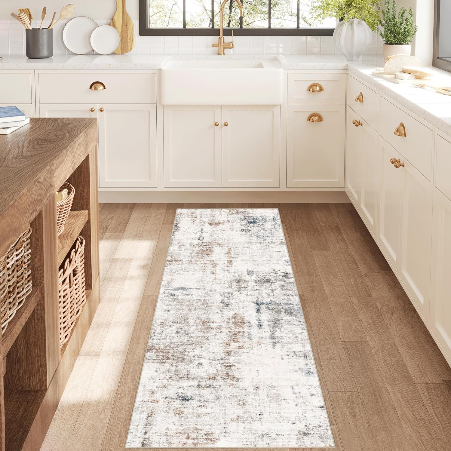 FMFUNCTEX 2x6 Runner Rug Washable Brown and Blue Neutral Modern Abstract Entryway Non Slip Low Pile Soft Accent Hallway Indoor Carpet for Kitchen Living Room Bedroom Bathroom Laundry Entrance Bedside