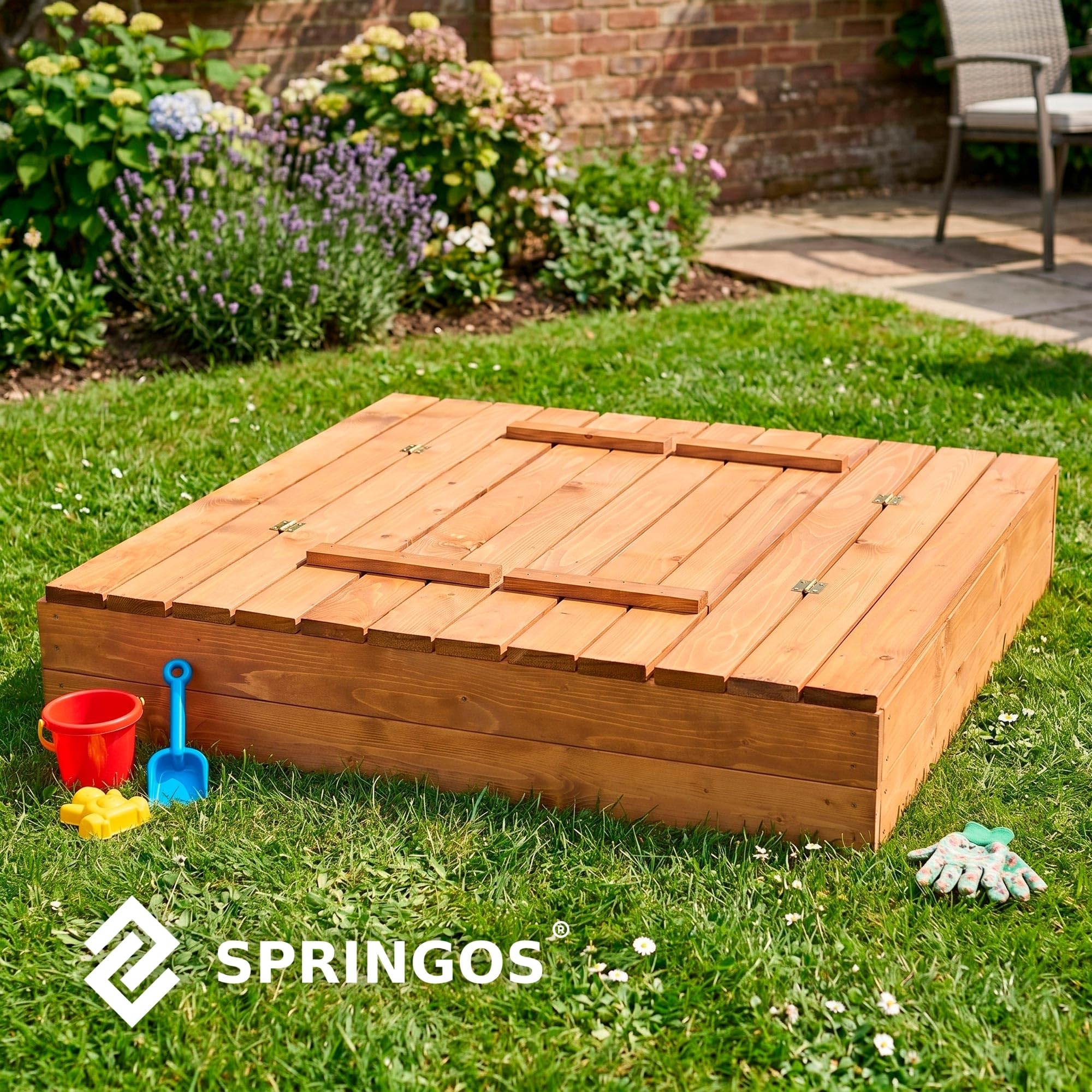 Springos Bac à sable en bois 120 x 120 cm avec imprégnation à base d'eau respectueuse de l'environnement, bords arrondis, géotextile, pin de qualité supérieure, à monter soi-même, planches durables de