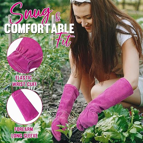 Miniatura 50 de HANDLANDY - Guantes de jardinería para poda de rosales para hombres y mujeres, guantes largos a prueba de espinas, de cuero de cerdo, transpirables