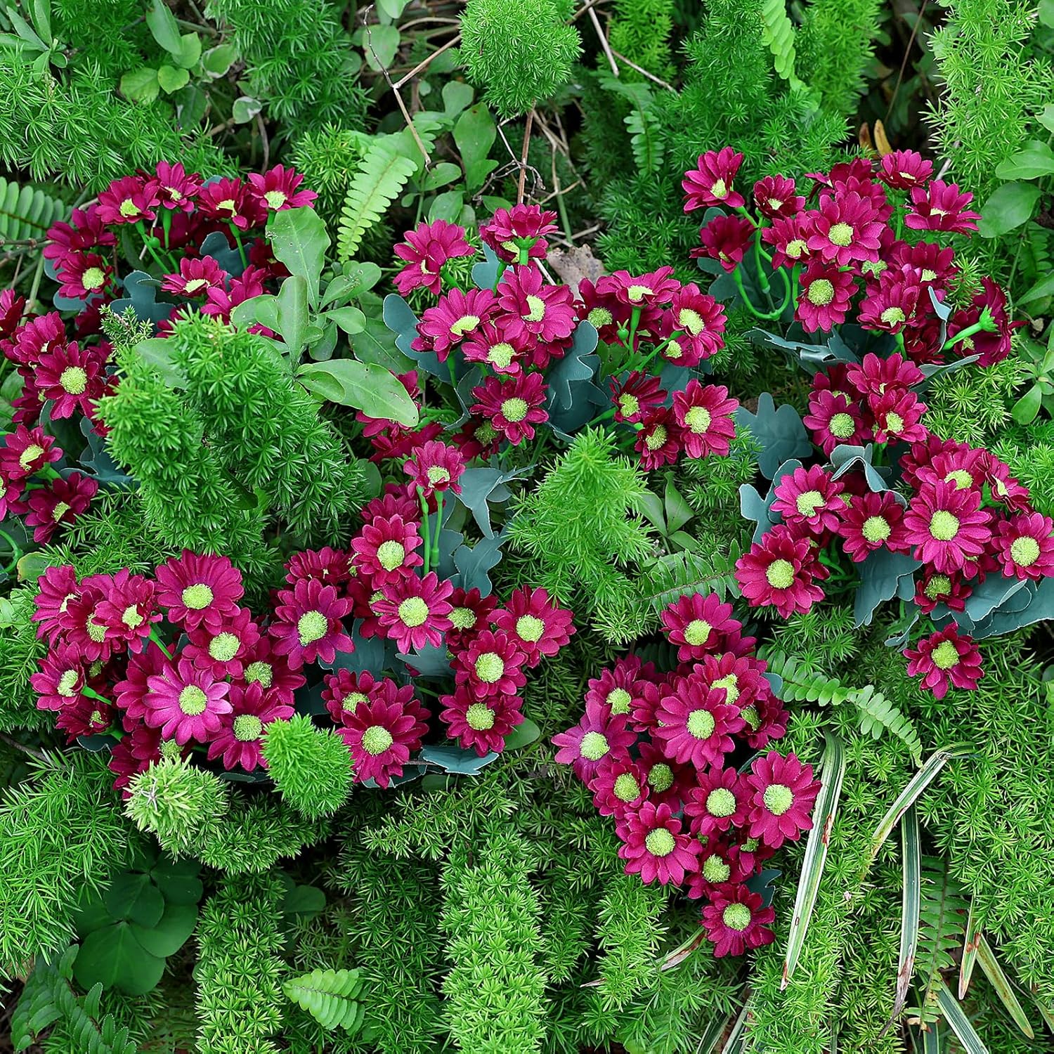 24 Bundles Artificial Daisy Flowers for Outdoor - Fake Mums Faux UV Resistant Daisies Plants Florals for Home Garden Patio Front Porch Outside Decorations - Maroon