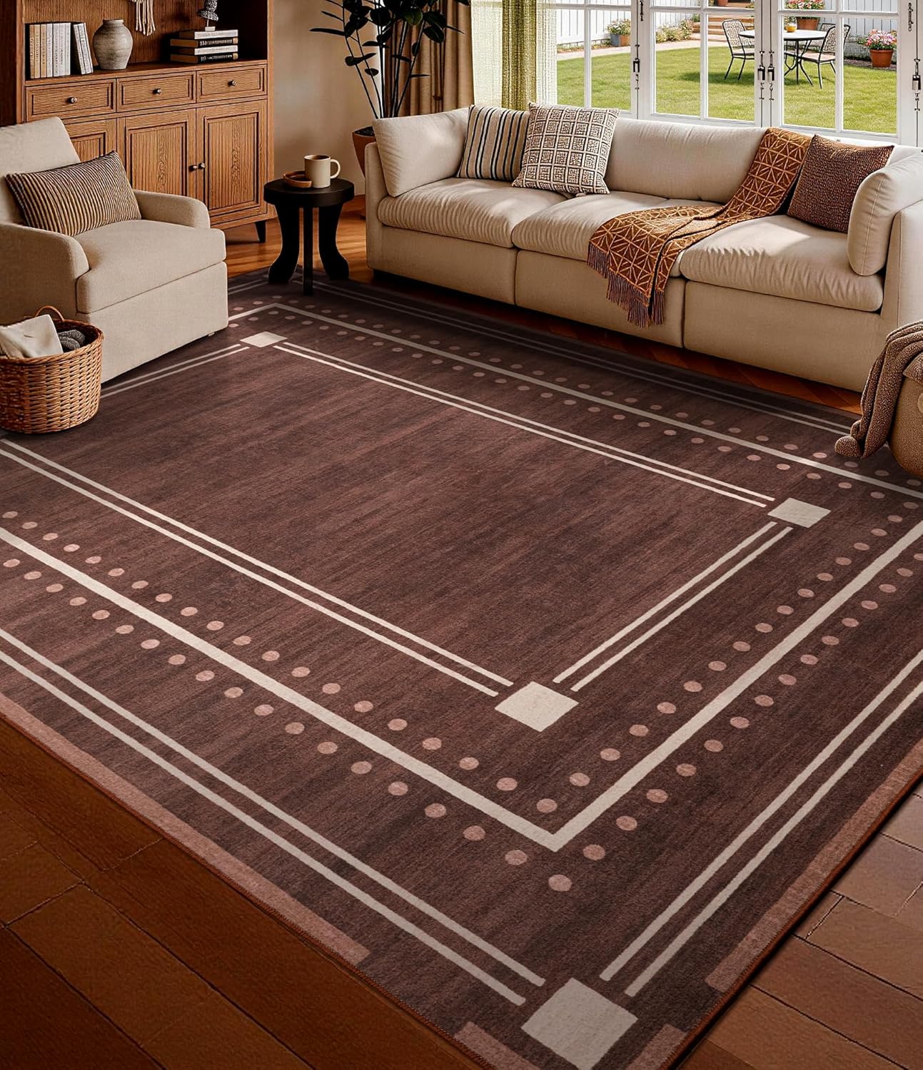 YIHOUSE Burnt Orange Scalloped Bedroom Rugs 5x7, Non-Slip Washable Farmhouse Border Rug for Living Room, Low-Pile Indoor Carpets, Stain-Resistant Vintage Rusty Rugs for Dining Room, Office