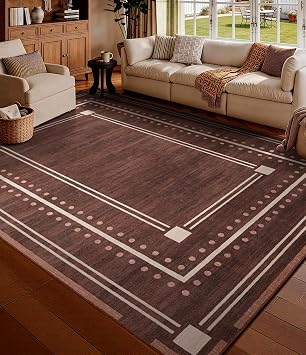 YIHOUSE Brown Bordered Bedroom Rugs 5x7, Non-Slip Washable Farmhouse Living Room Rug, Ultra-Soft Low-Pile Indoor Carpets, Stain-Resistant Vintage Polka Dot Rugs for Dining Room, Office