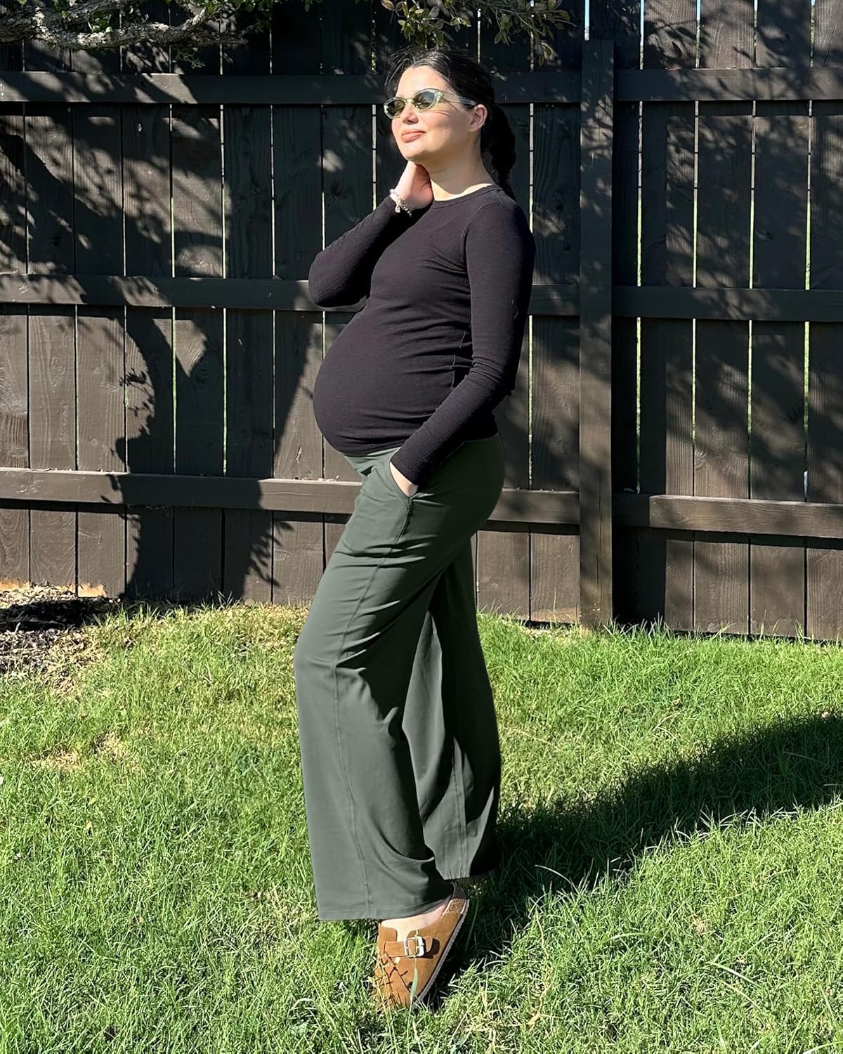 G4Free Maternity Pants Over The Belly Yoga Dress Work Pregnancy Pants Stretchy Lounge Wide Leg Trousers with Pockets - Image 4