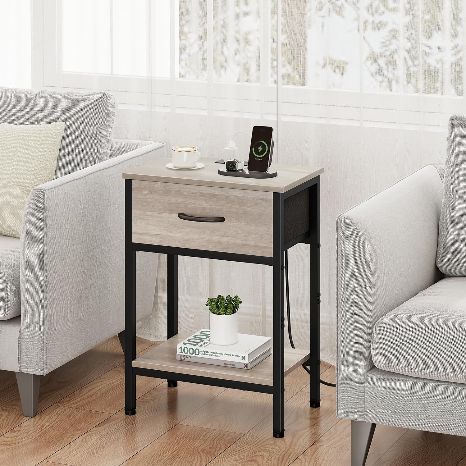 Vagusicc Nightstand with Charging Station, End Table with Fabric Drawer, Small Side Table with 2-Tier Storage Shelves, 25.4" Tall Night Stand, Bedside Table for Bedroom, Living Room, Dorm, Greige - Image 7