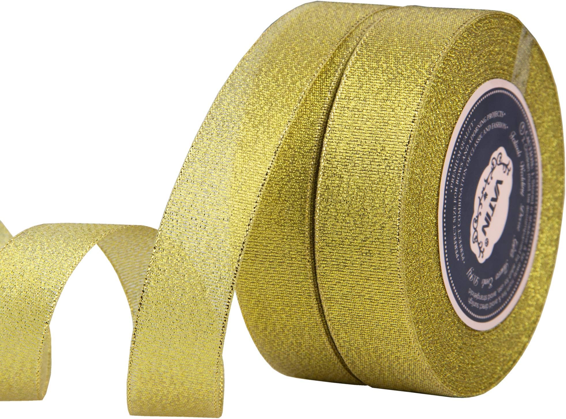 VATIN Glitter Metallic Gold Ribbon 1 inches Wide Sparkly Fabric Gorgeous Ribbon for Gift Crafters Wedding Party Brithday Wrap Hair Bows Floral Projects 25 Yards/Roll x 2 Rolls