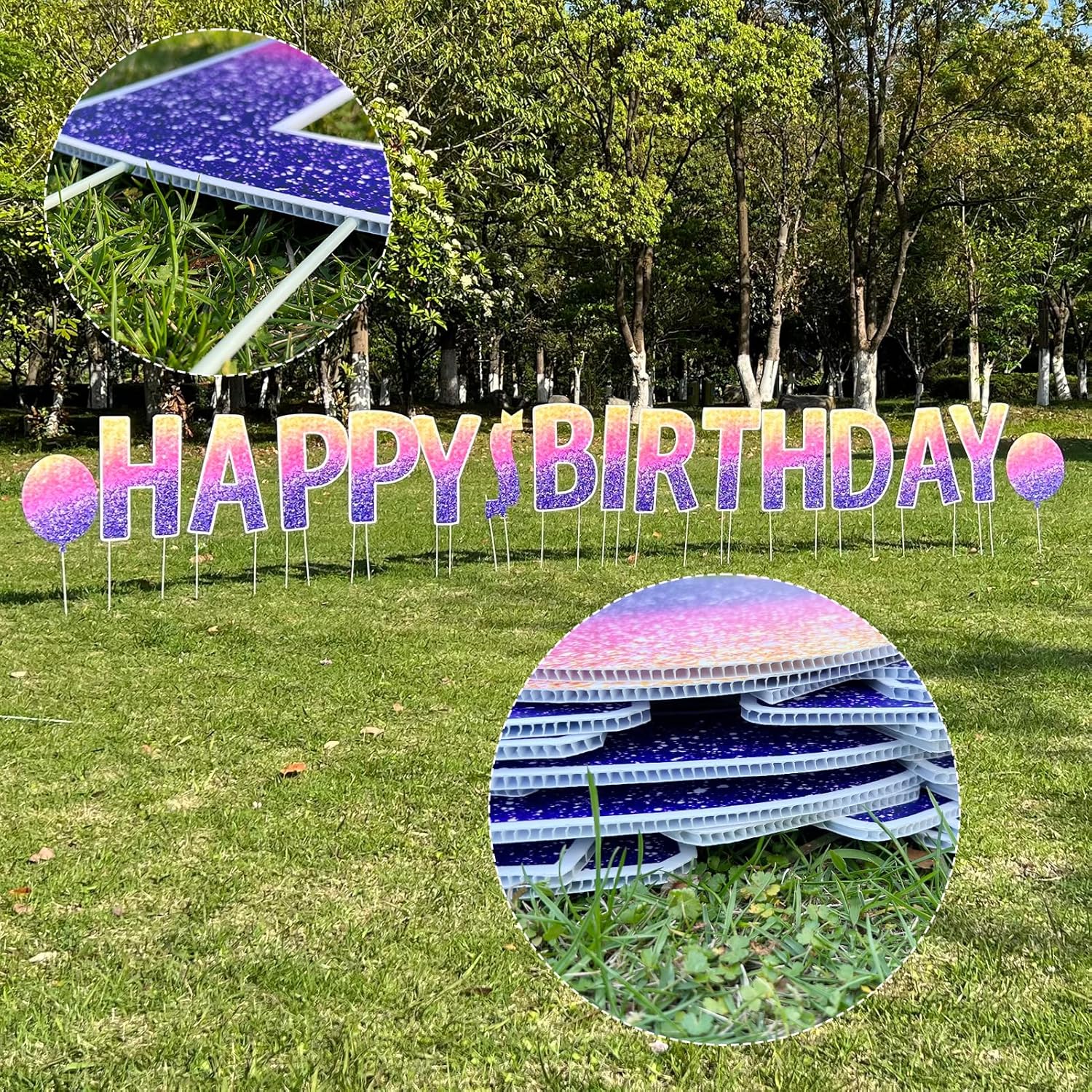 Happy Birthday Yard Sign, Purple Sparkly Glitter Lawn Letters, 15inch Tall Letters, Birthday Lawn Signs, Birthday Yard Greetings,With H-Stakes, Outdoor Lawn Decoration, Colorful Happy Birthday