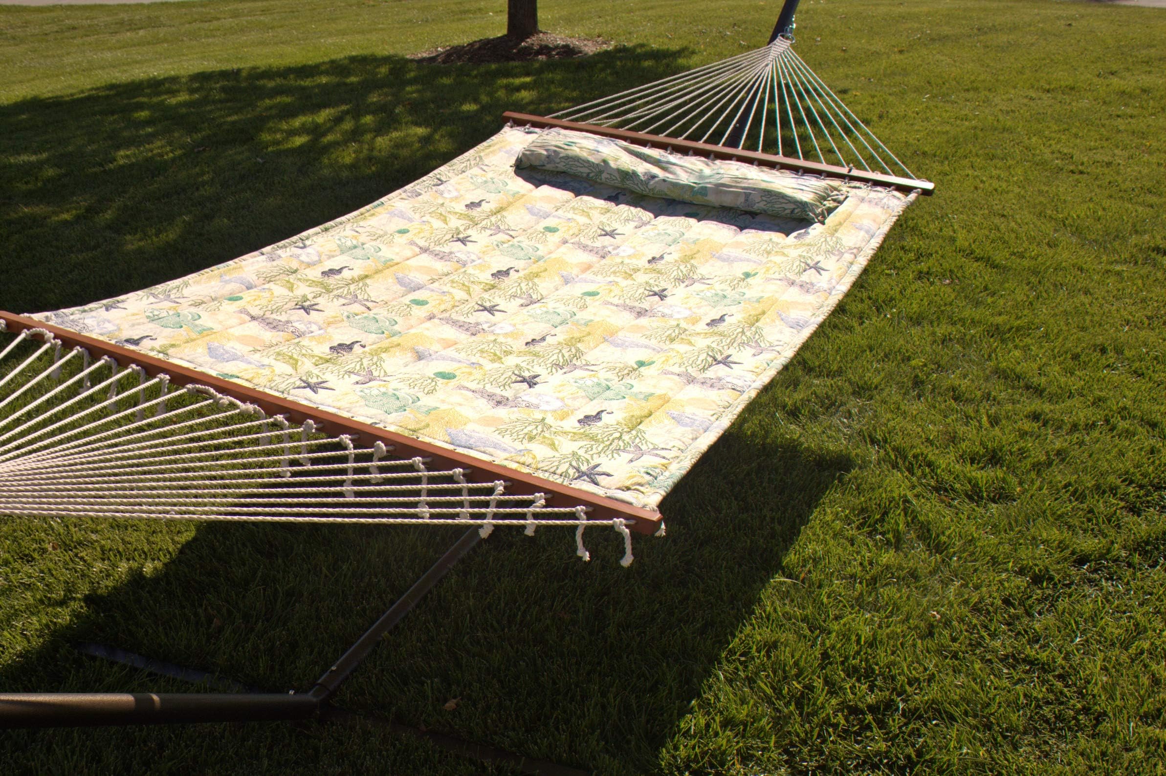 Hammock Outdoor Quilted Cotton Fabric Beach Rope Hammocks Swing Bed Back Yard with Pillow New Sea Navy Blue by Busen