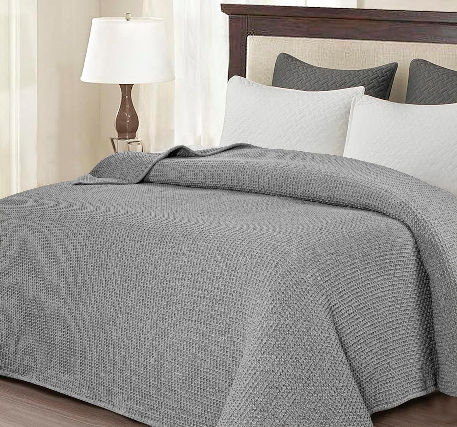Bed Bath & Home 100% Cotton Waffle Weave Blanket - Soft Lightweight Breathable Summer Spring Throw Blanket for Bed Couch Sofa, Machine Washable, King 90"x108", Light Grey
